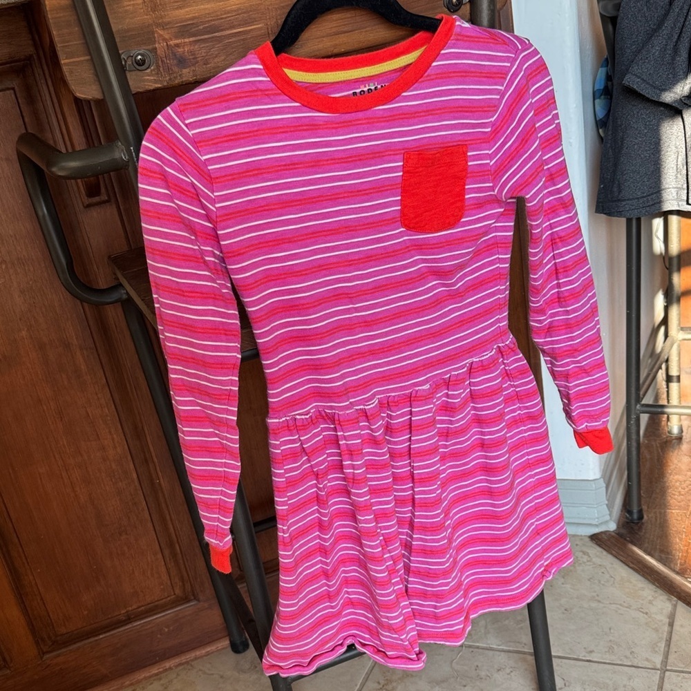 Mini Boden Pink and Red Striped Long Sleeve Dress